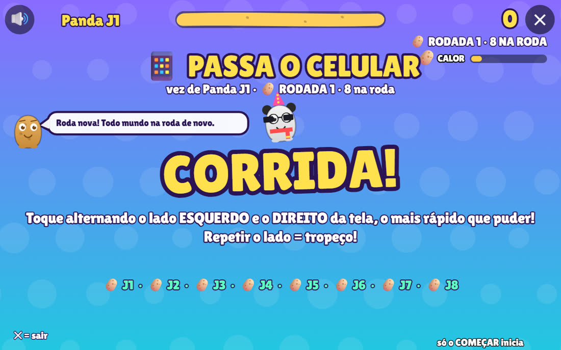 A tela onde as oito pessoas da roda escolhem seus personagens