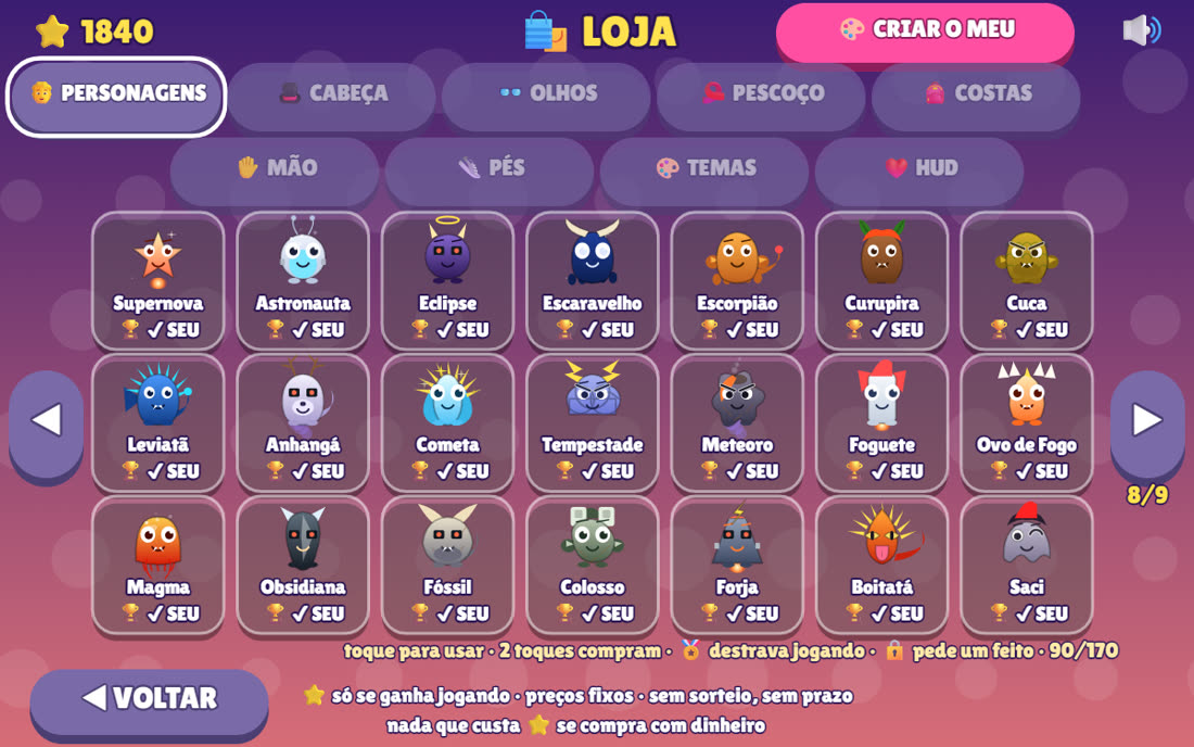 Os personagens da Coleção Lendária na loja do jogo