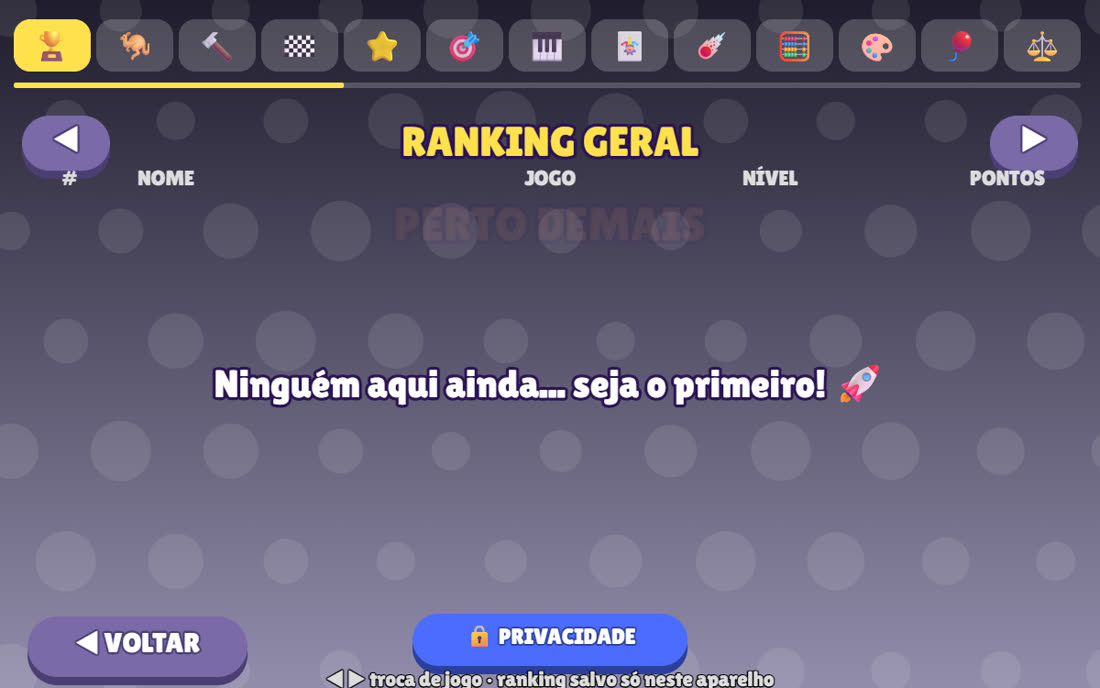 A tela de escolher o minijogo