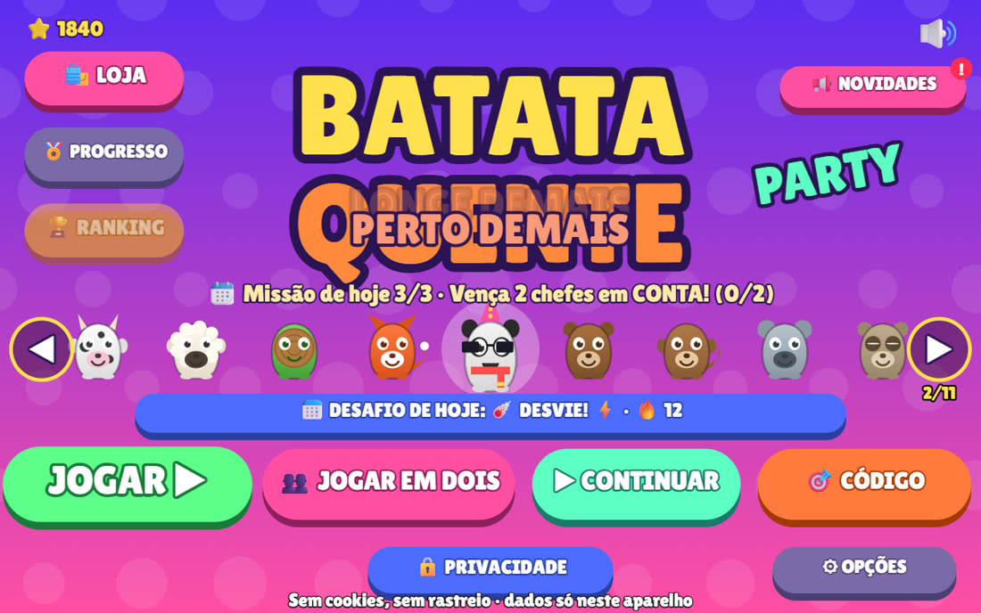 O menu do jogo com o desafio do dia